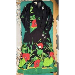 Vintage 50s Robinson’s Black Green Red Floral Tropical Party Dress US Size 12